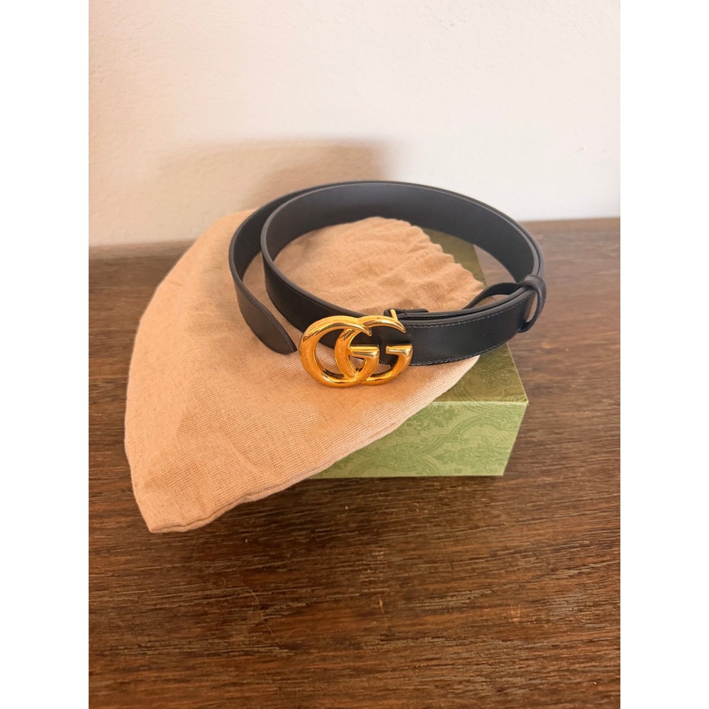 Gucci Womens GG Marmont Wide Belt 105 Black Leather Gold Buckle Luxury